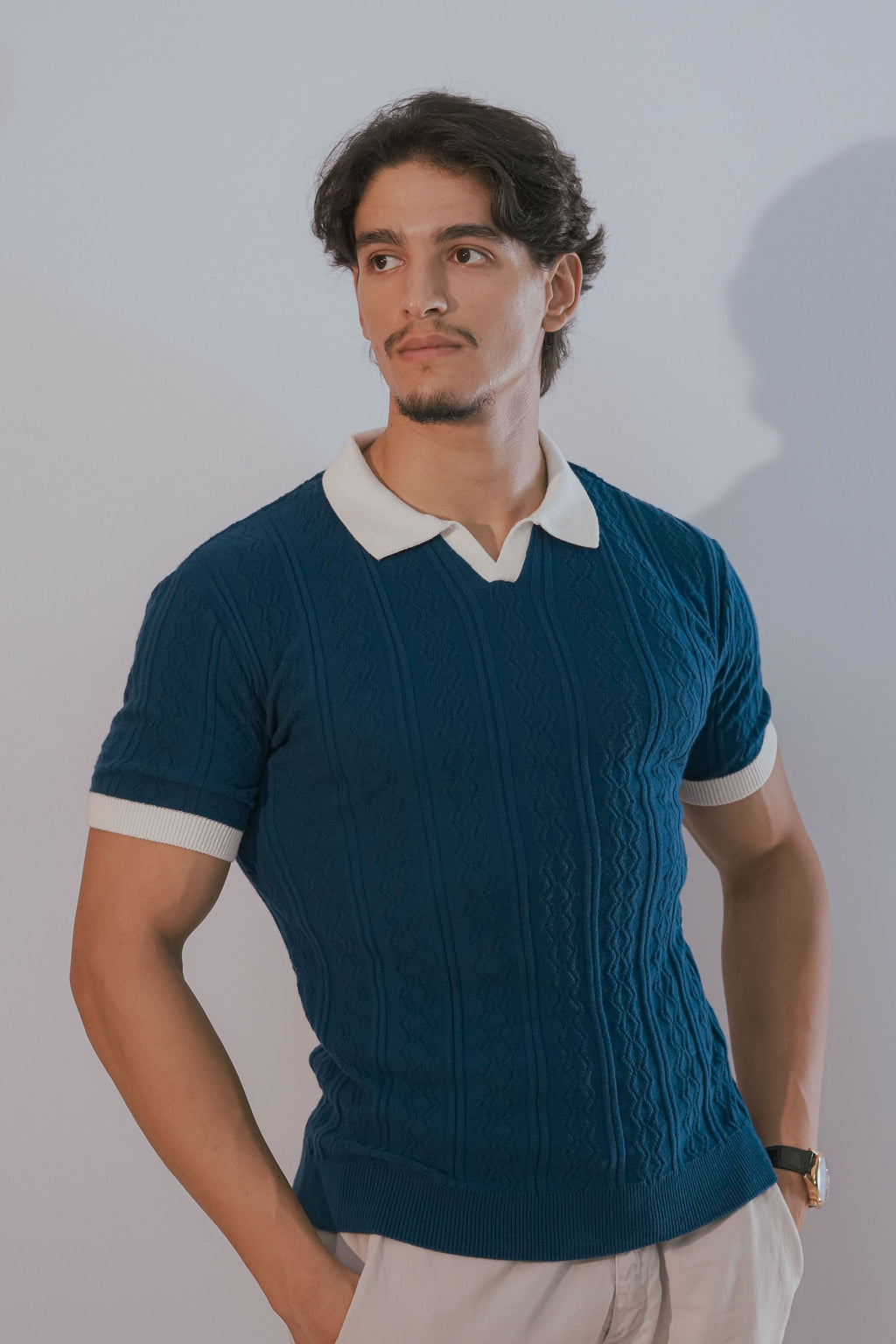 Polo à maille torsadée bleu marine