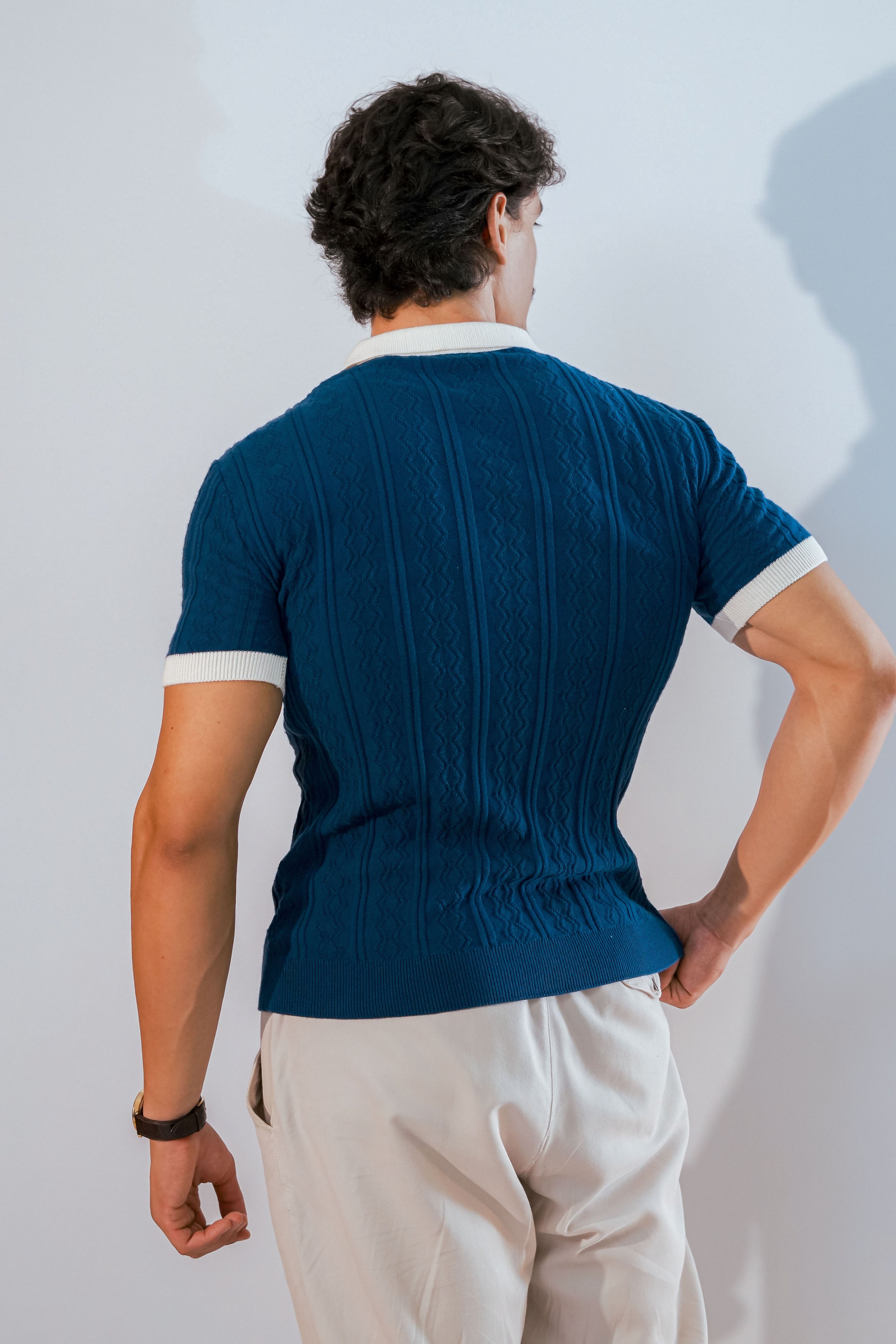 Polo à maille torsadée bleu marine