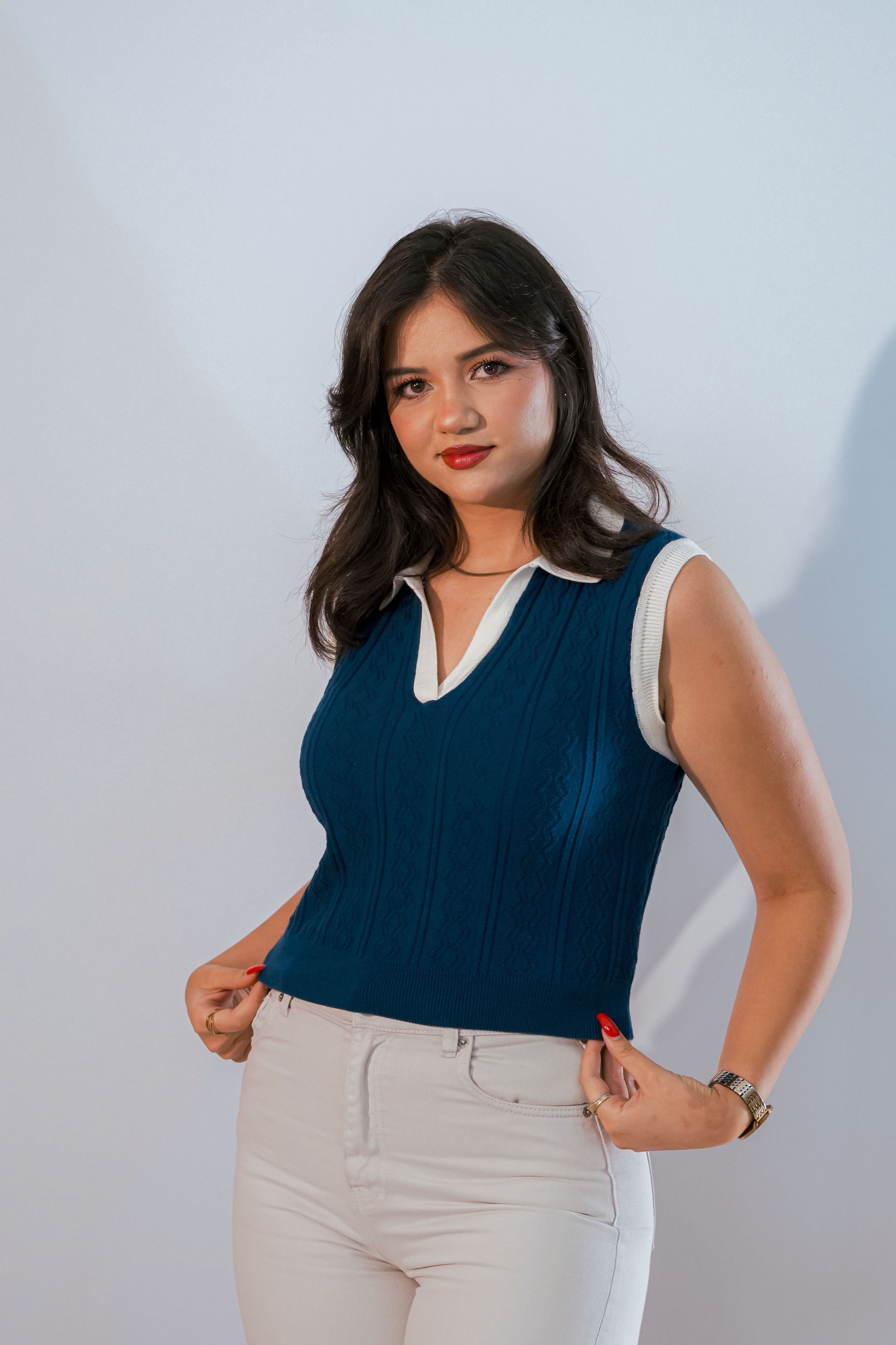 Débardeur sans manches col polo bleu marine