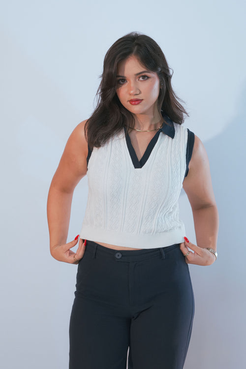 Débardeur sans manches col polo écru