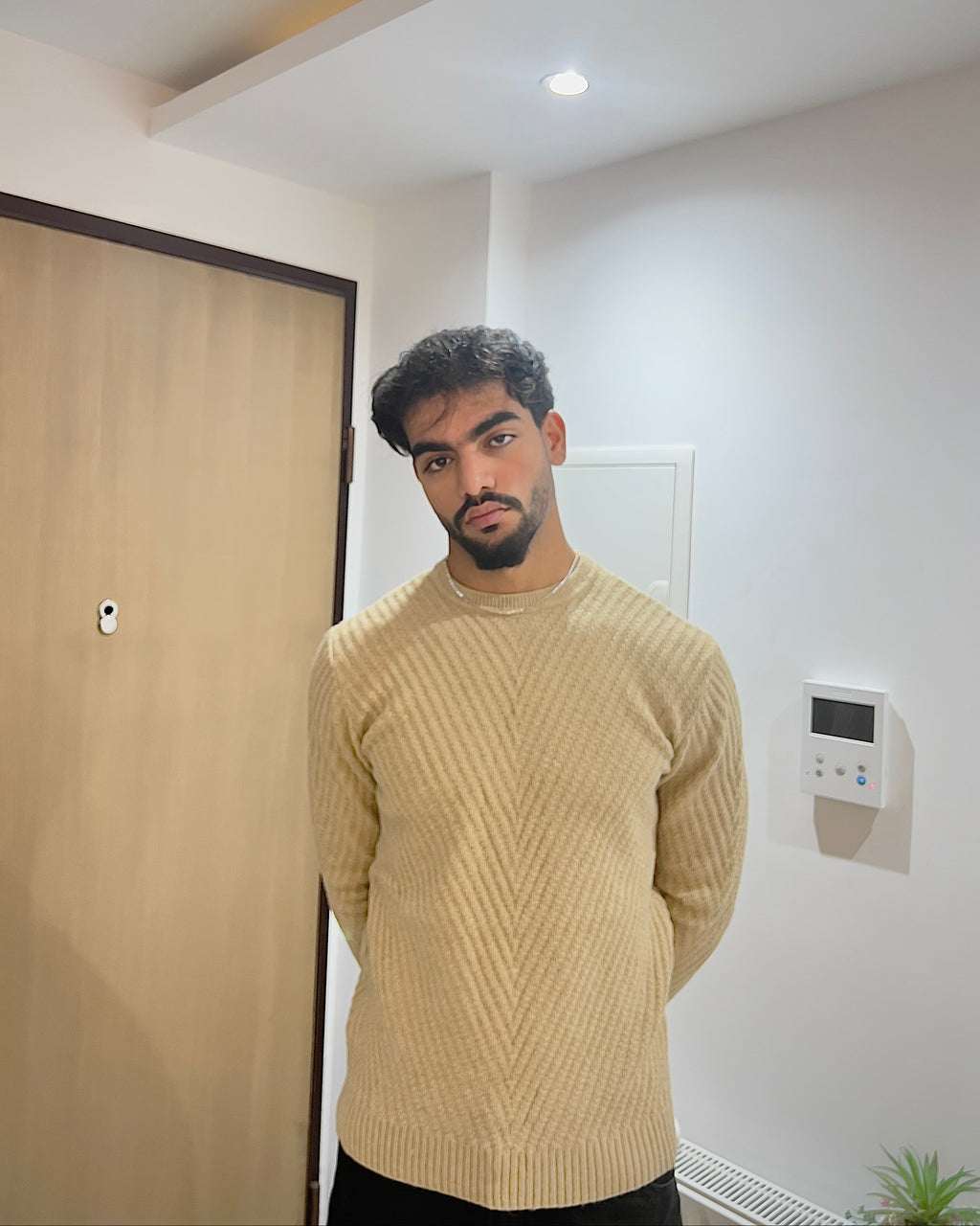 Man wearing a beige sweater standing in a room with a wooden door and light-colored walls.